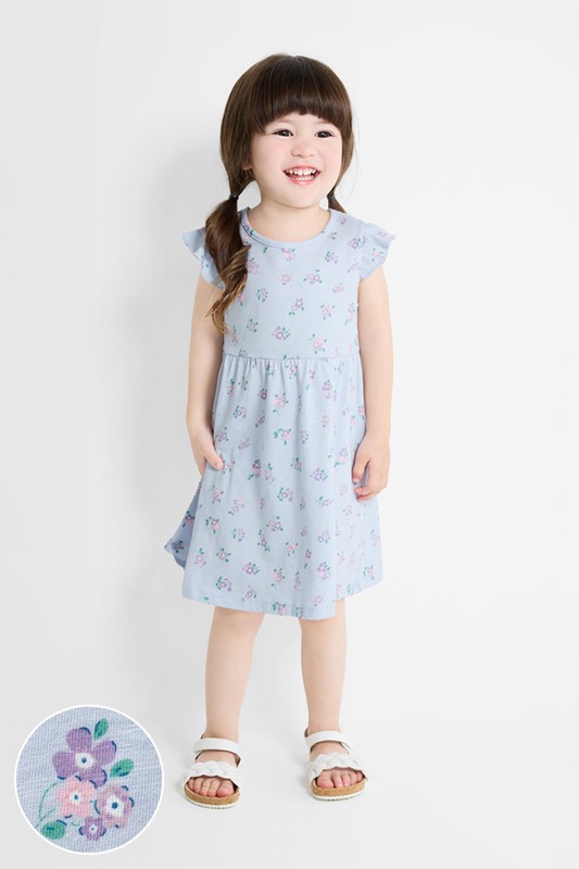 竹節棉荷葉袖花卉洋裝-童