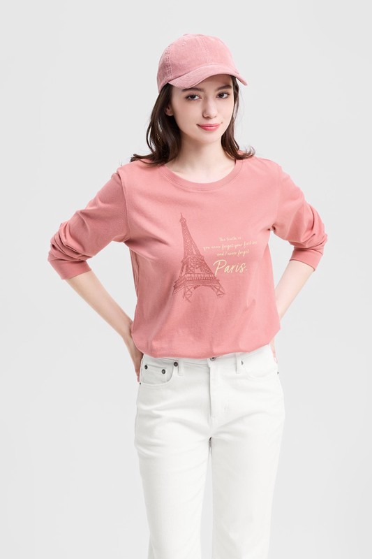 鐵塔長袖印花T恤-女