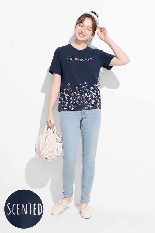 文字花卉厚版印花T恤-女