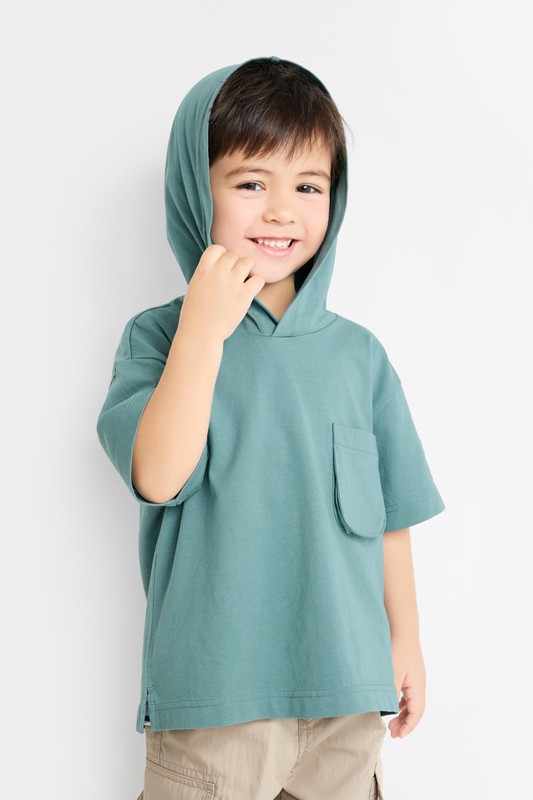 純棉寬版口袋連帽上衣-童