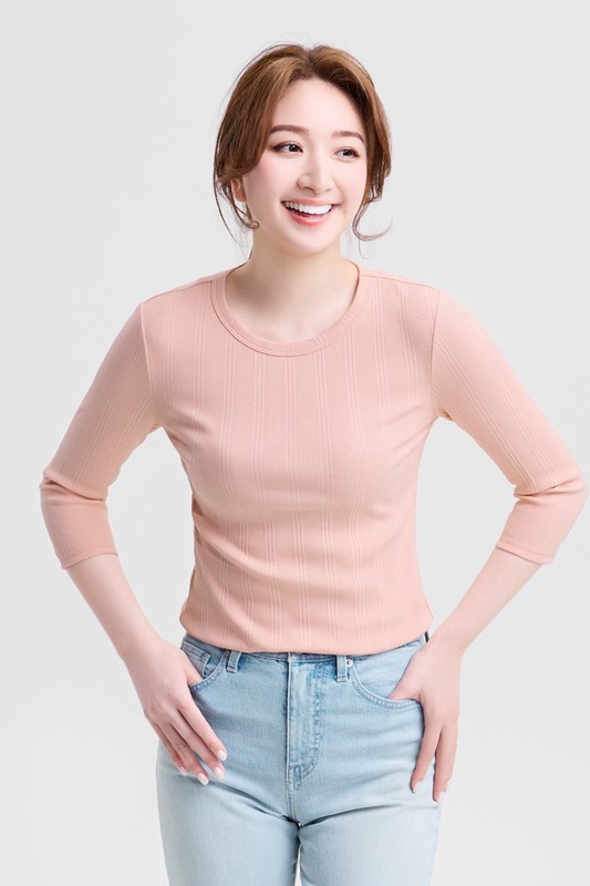 羅紋圓領七分袖T恤-女