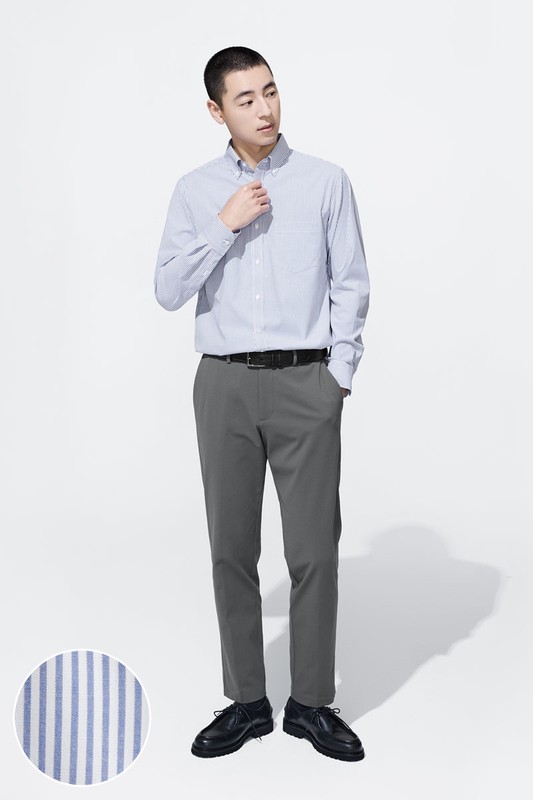 商務彈性條紋長袖襯衫-男