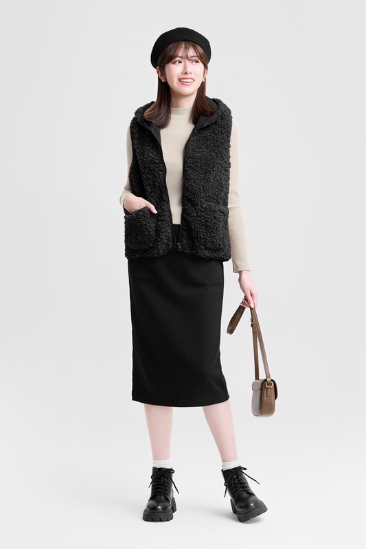 仿羊羔絨連帽背心-女