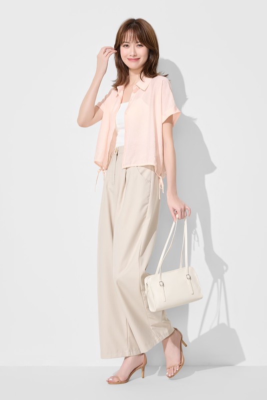 短版綁帶短袖襯衫-女