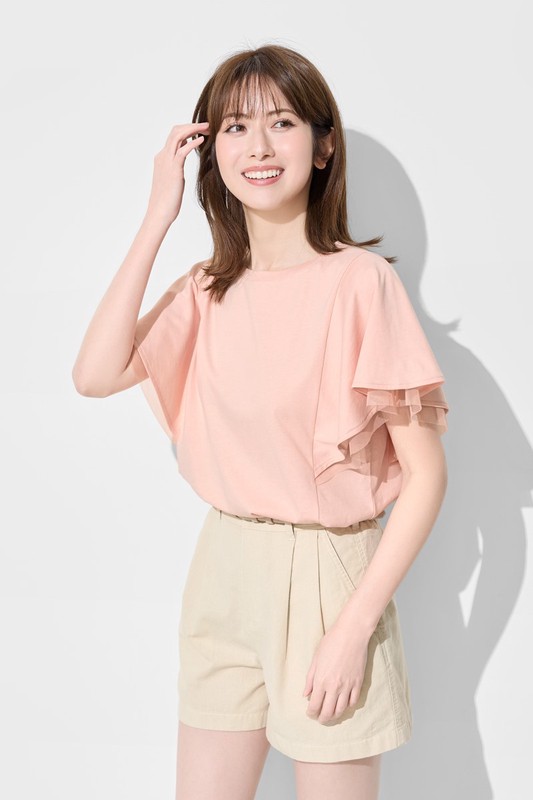 柔滑棉網紗荷葉袖上衣-女