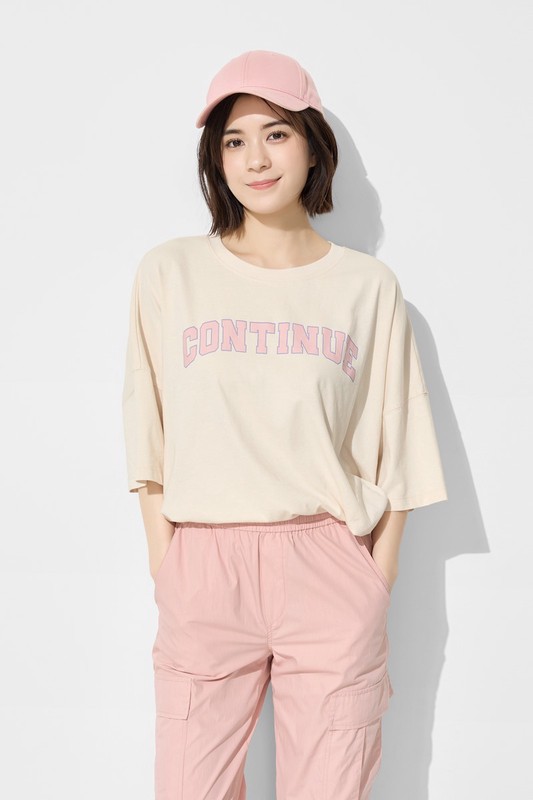 純棉寬版文字印花落肩T恤-女