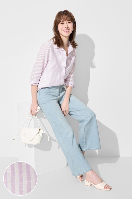 棉麻條紋長版襯衫-女