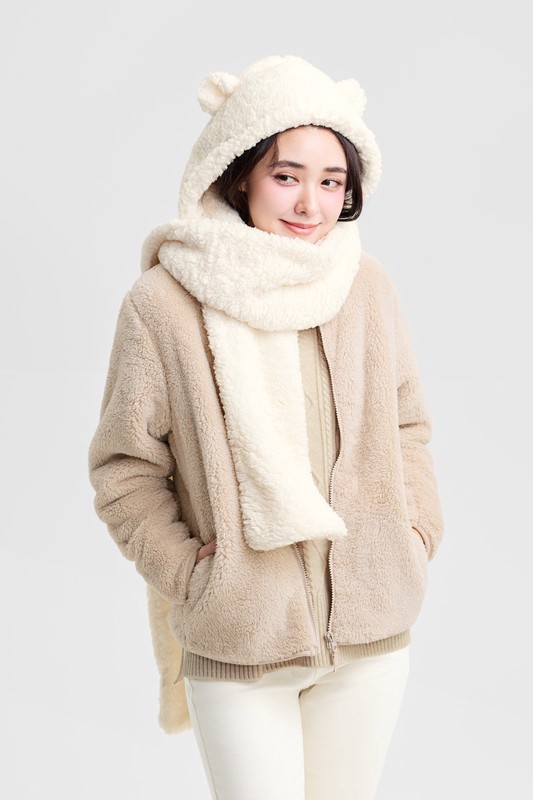毛絨造型連帽圍巾-女