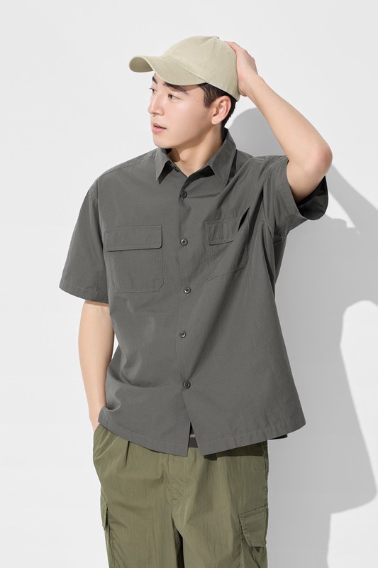 工裝寬版短袖襯衫-男