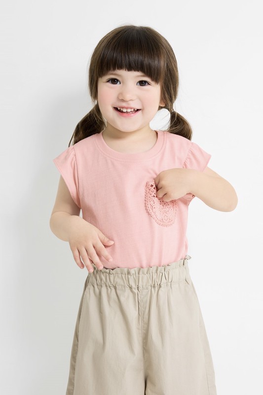 竹節棉蕾絲口袋T恤-童