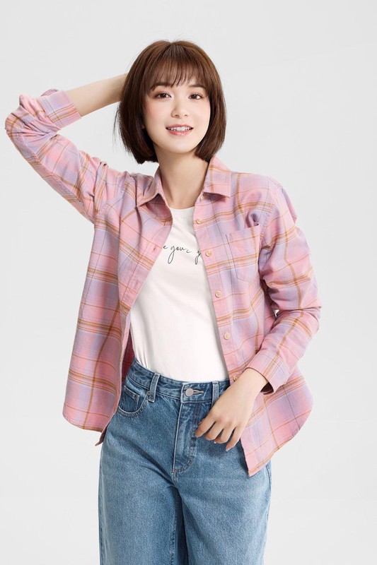法蘭絨格紋長袖襯衫-女