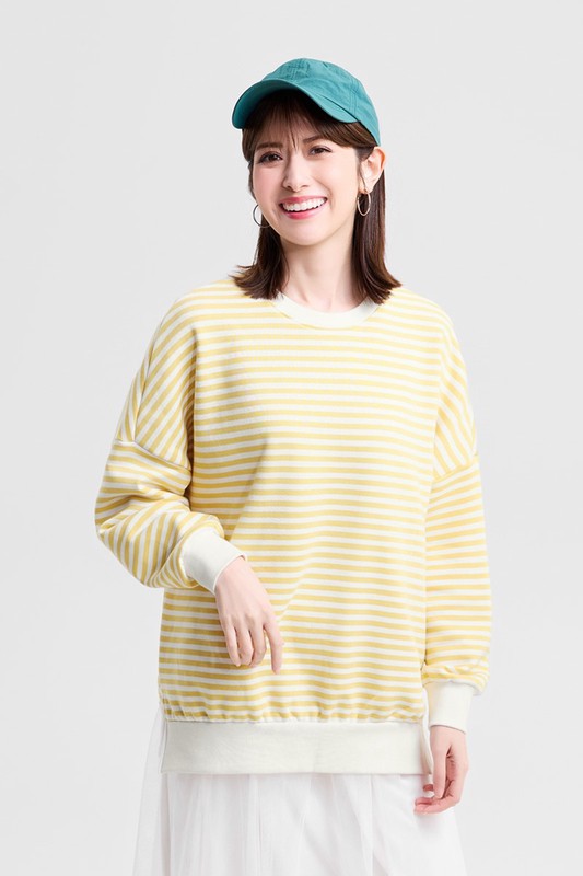 刷毛寬長版條紋圓領衫-女