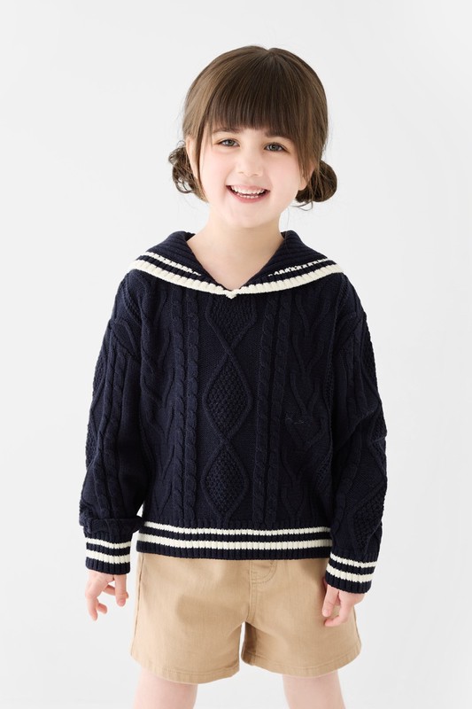 配色翻領麻花毛衣-童