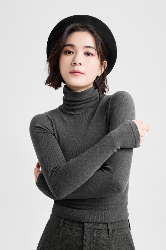 heatup無側縫羅紋高領長袖上衣-女