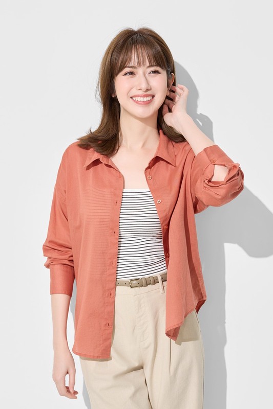 棉質透膚長袖襯衫-女