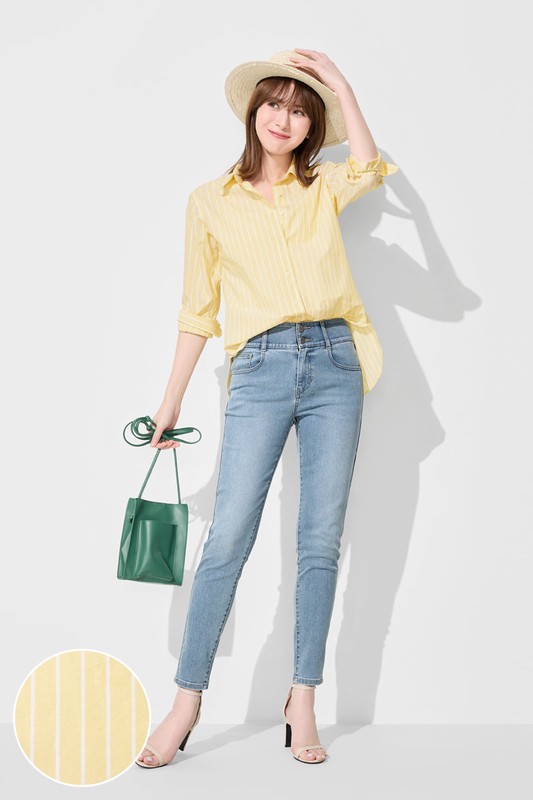 柔棉條紋長袖襯衫-女