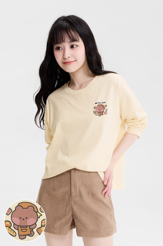 LINE FRIENDS minini寬短版落肩長袖印花T恤-03-女