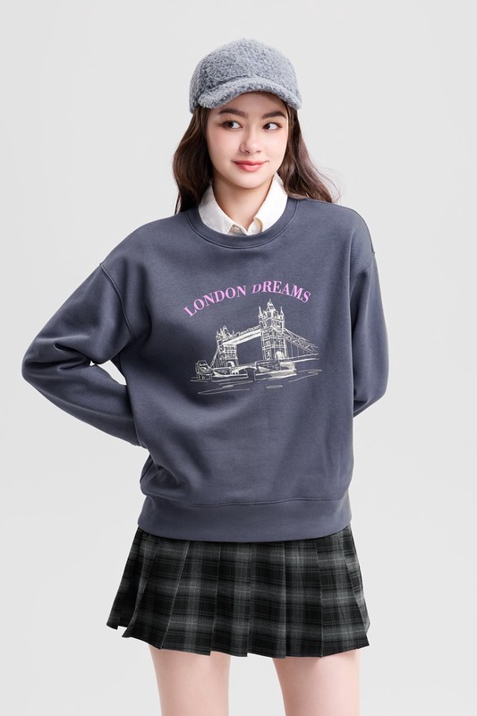 英倫插畫刷毛印花圓領衫-女