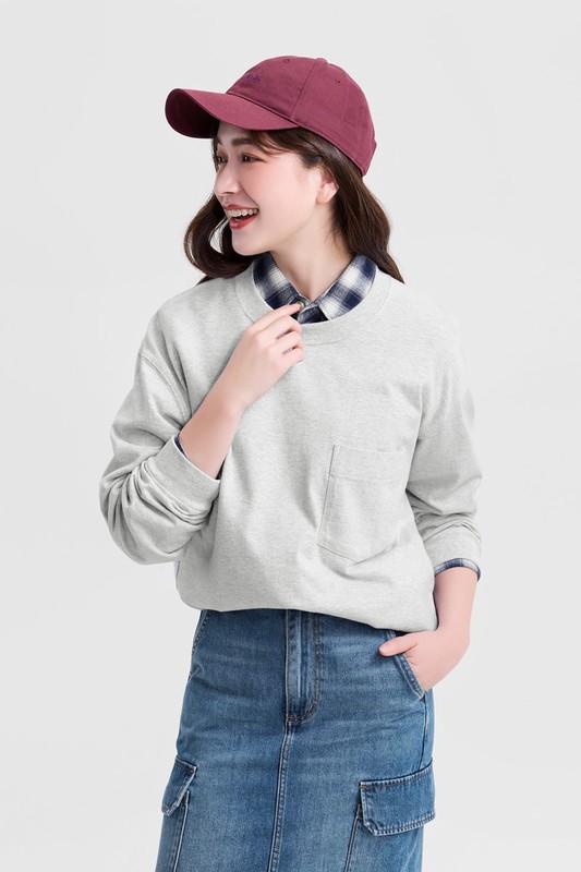 純棉粗紡圓領口袋長袖T恤-男