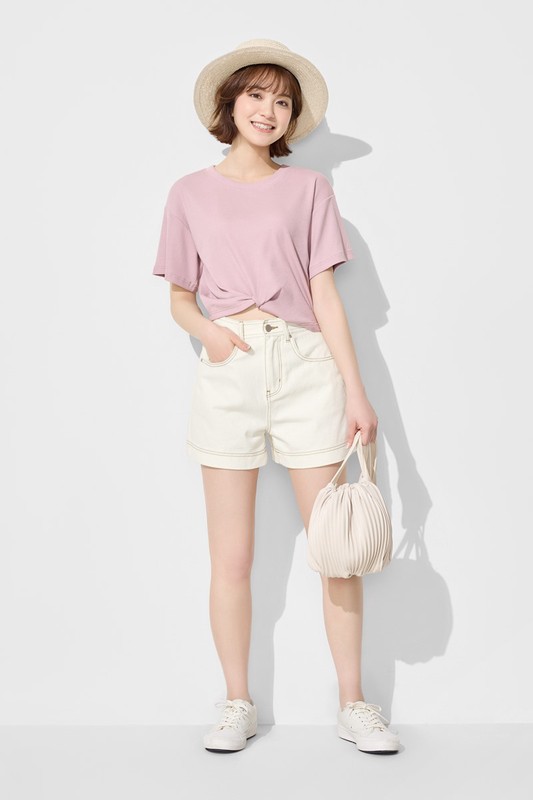 壓線多色高腰牛仔短褲-女