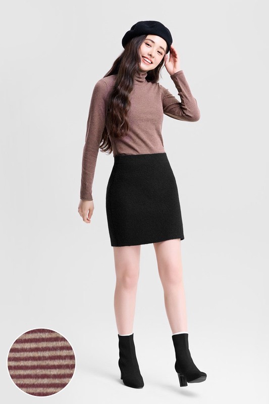 磨毛羅紋條紋高領T恤-女