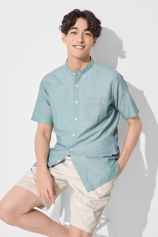 棉麻立領短袖襯衫-男