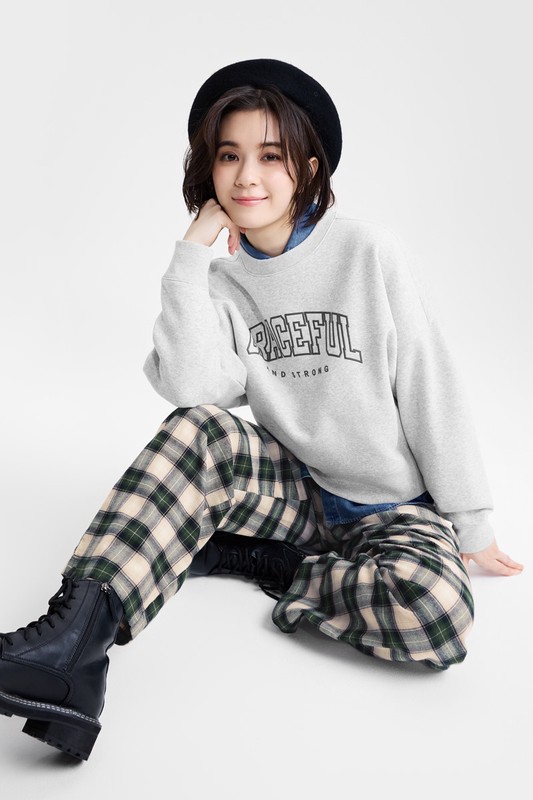 刷毛寬短版印花圓領衫-女