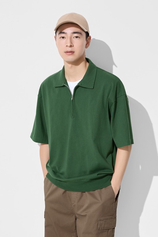 粗紡半開襟五分袖寬版上衣-男