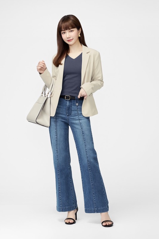 棉質羅紋V領長袖T恤-女