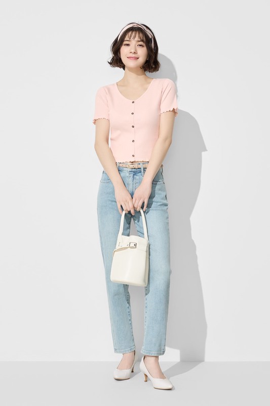 羅紋V領鈕釦T恤-女