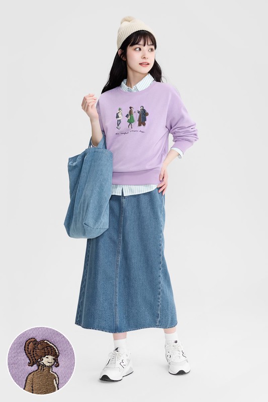 輕鬆步調刷毛電繡圓領衫-女
