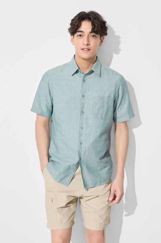 棉麻短袖襯衫-男