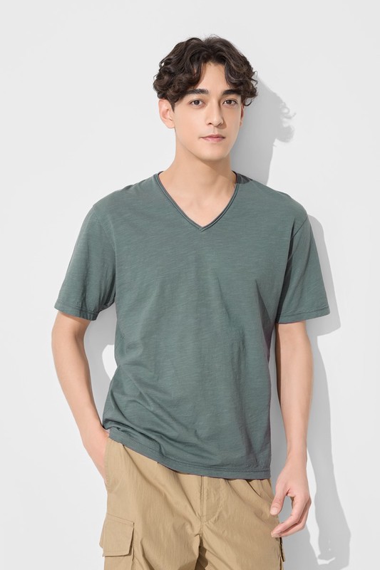 竹節棉V領T恤-男