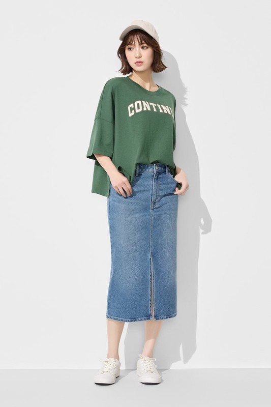 純棉寬版文字印花落肩T恤-女