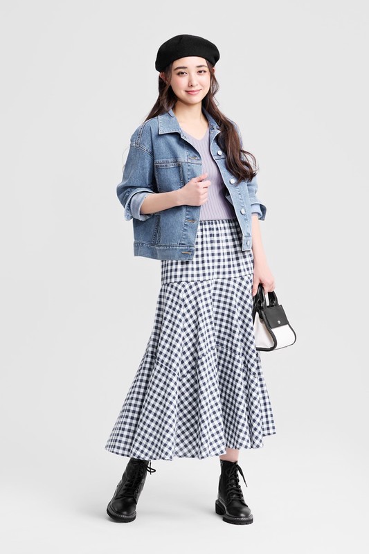 棉質格紋中長裙-女