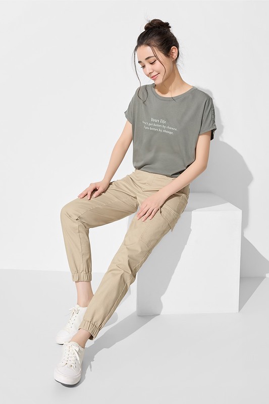 棉質工裝束口褲-女