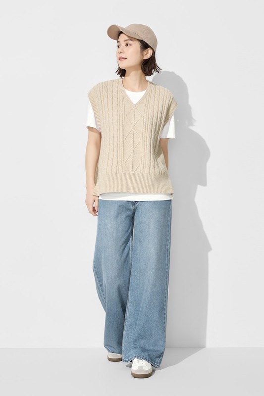 麻花寬版落肩V領針織背心-女