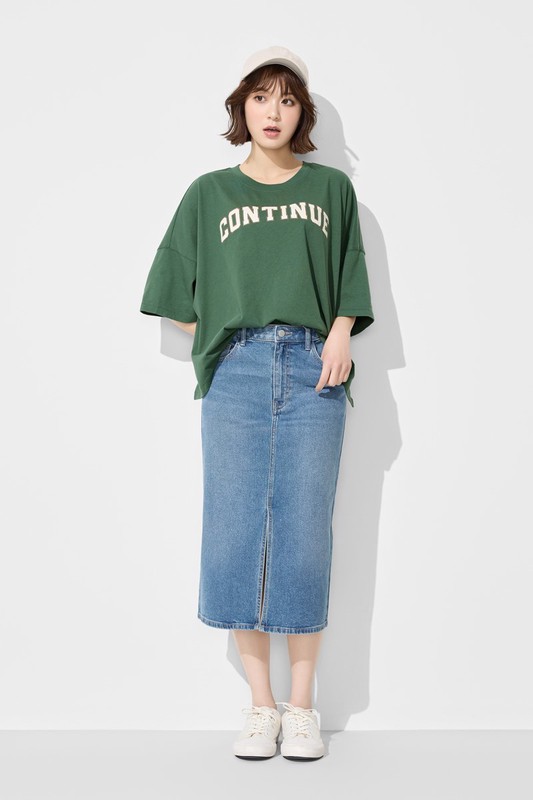 純棉寬版文字印花落肩T恤-女