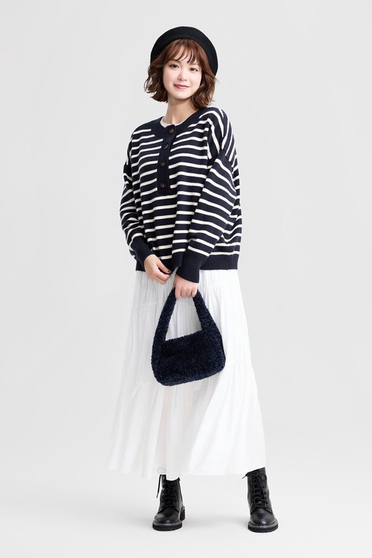 寬版條紋半開襟毛衣-女