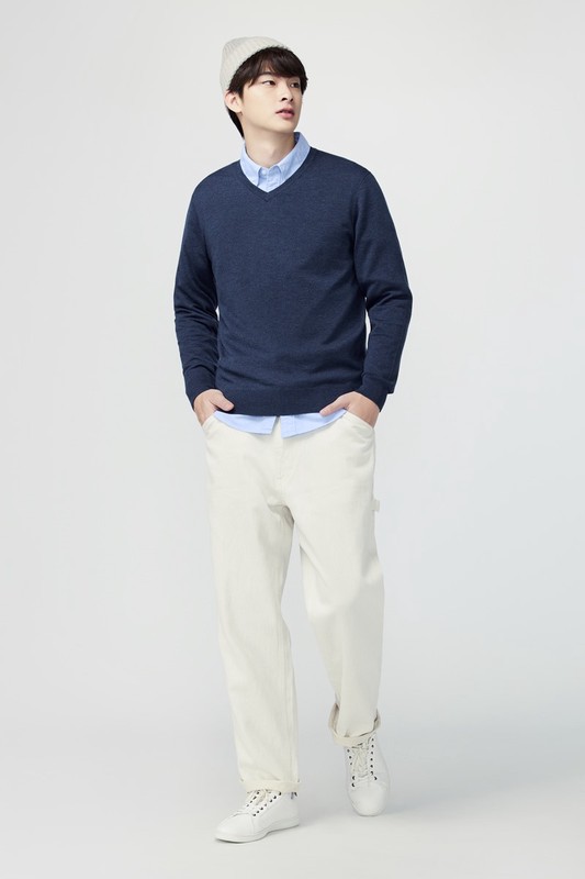 美麗諾羊毛混紡V領毛衣-男