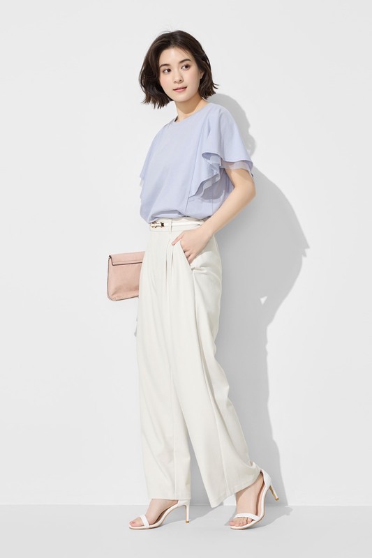 柔滑棉網紗荷葉袖上衣-女