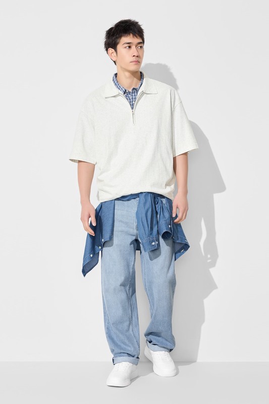粗紡半開襟五分袖寬版上衣-男