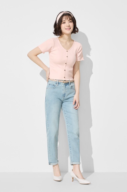 羅紋V領鈕釦T恤-女