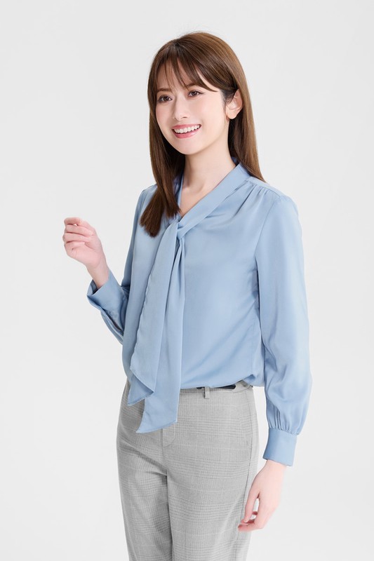 緞面領結長袖襯衫-女