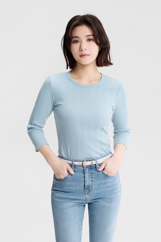 羅紋圓領七分袖T恤-女