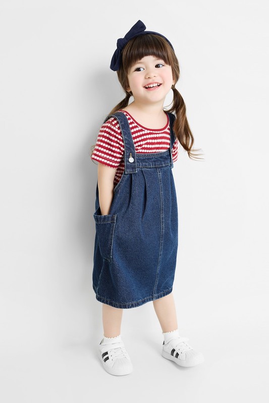 寬鬆牛仔吊帶裙-童