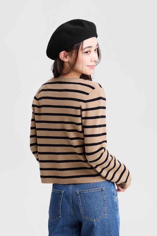 條紋寬版圓領針織外套-女