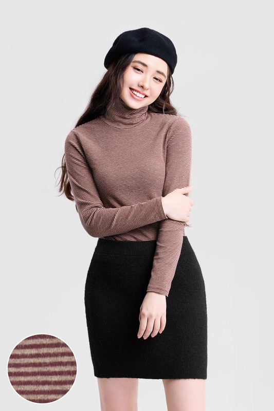 磨毛羅紋條紋高領T恤-女