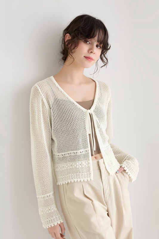 鏤空綁帶開襟外套-女