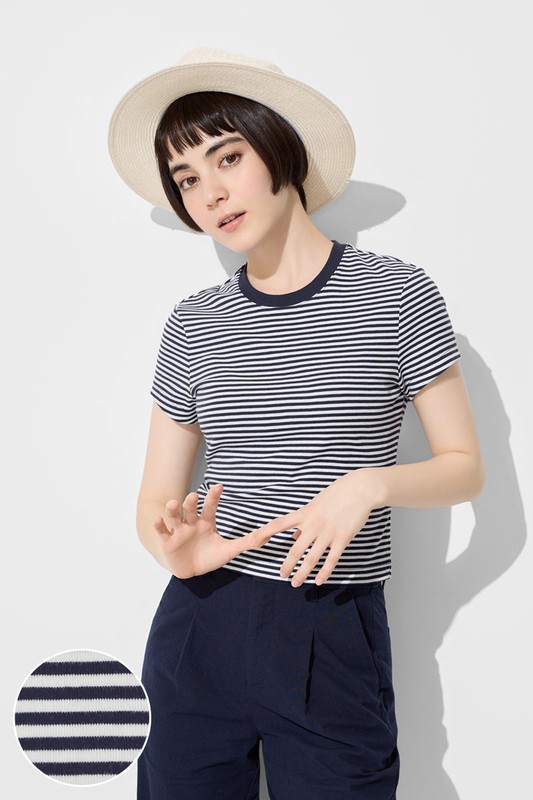 棉質羅紋條紋短版T恤-女